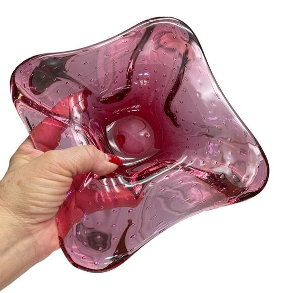 Cranberry Controlled Bubble Blown Art Glass Square Bowl Plate Serving or Decor - Picture 5 of 6